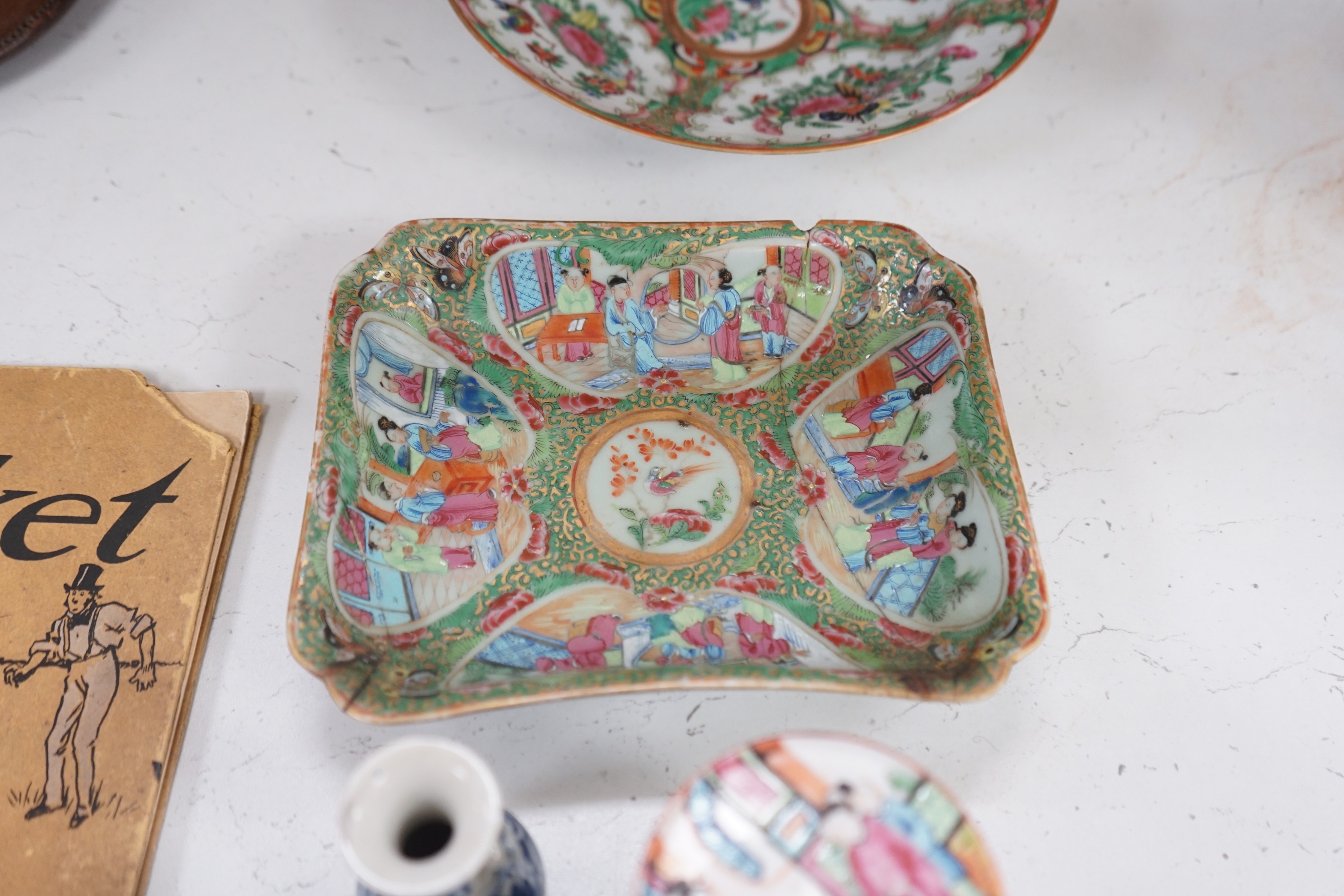 A group of 19th century Chinese famille rose - two plates, a square dish and a box and cover and two blue and white small vases